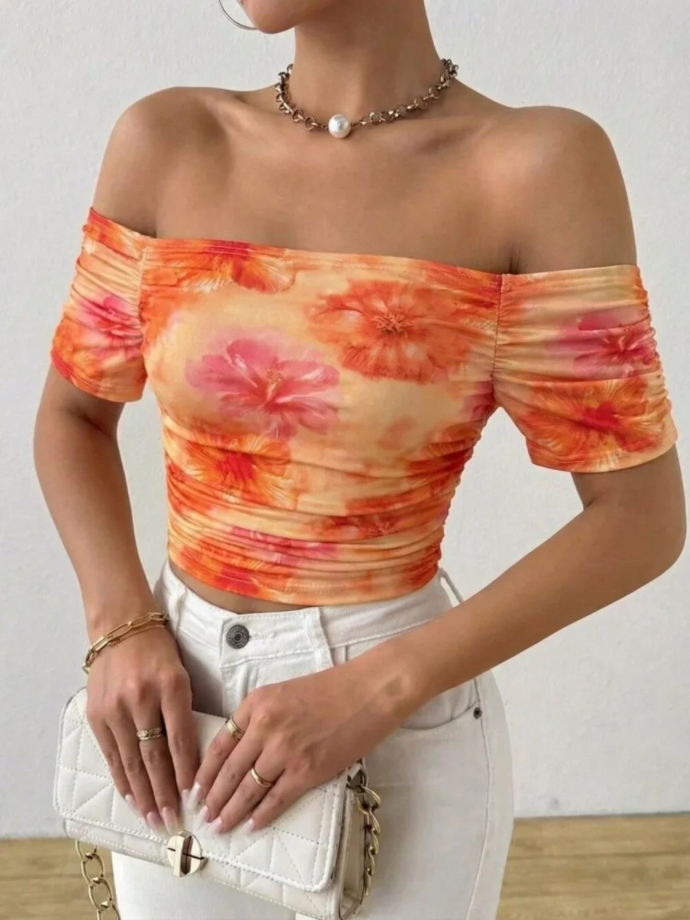 Orange Casual Women's Off-Shoulder Ruched Floral Print Beach T-Shirt
